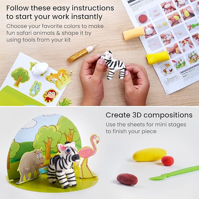 Arteza Kids Air Dry Clay, 42 Bars, Safari Stage Modeling Clay Kit, 14 Mini-Stages, 14 Googly Eyes, 3 Glitter Glues, 1 Craft Tool, 7 Instruction Sheets, Craft Supplies for Learning and Developing