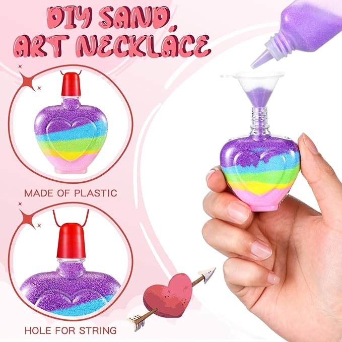 Bokon 37 Pcs Valentine Sand Art Bottle Necklace Kits Include 20 Pcs Plastic Sand Art Bottle Necklaces, 12 Pcs 12 Colored Art Sand, 5 Mini Plastic Funnels for Class heart Sand Art Containers Art Crafts