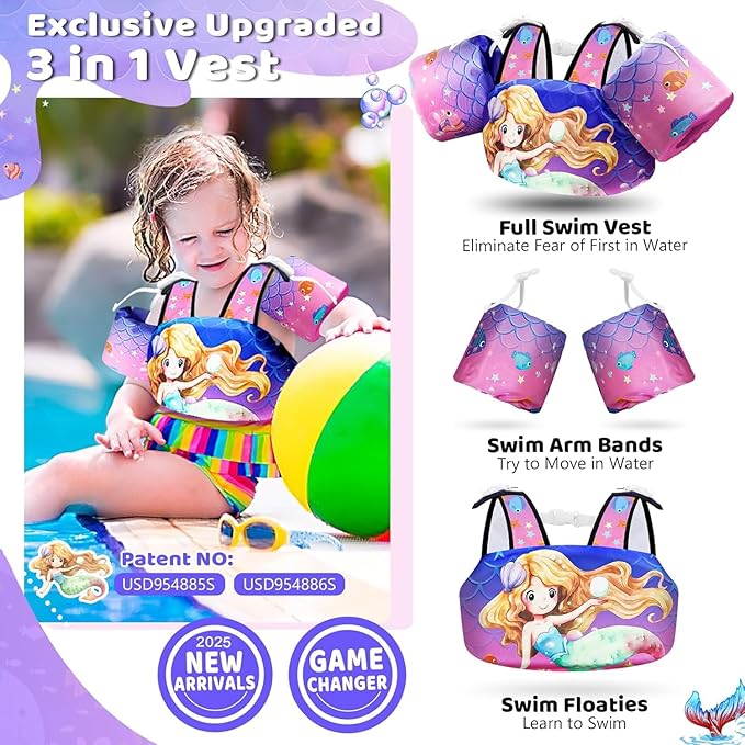 Vvinca Separable Toddler Swim Vest Fit 22-66 Lbs（1-6 Years）|2025 Newest 3 in 1 Pool Float & Arm Bands Boys and Girls, Adjustable Sturdy Safety for Infant 1 2 3 4 5 6 Year