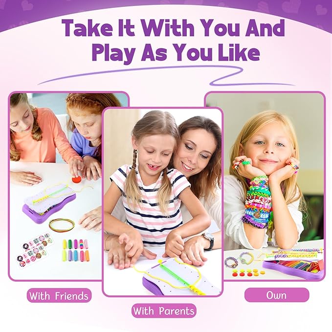 Friendship Bracelet Kit & Rubber Bracelet Making Kit for Teen Girl Gifts Trendy Stuff, 7 8 9 10 11 12+ Year Old Girl Birthday Gift, Popular String Maker Toys, DIY Travel Set Purple Bracelet Making Kit