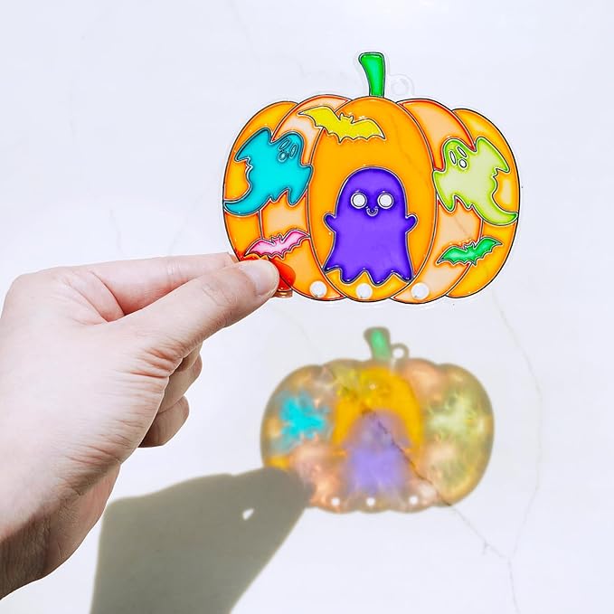 Winlyn 24 Sets Halloween Pumpkin Suncatcher Wind Chime Ornaments Decorations DIY Window Paint Art Suncatcher Craft Kits Pumpkin Sun Catchers for Kids Classroom Halloween Activities Holiday Art Project