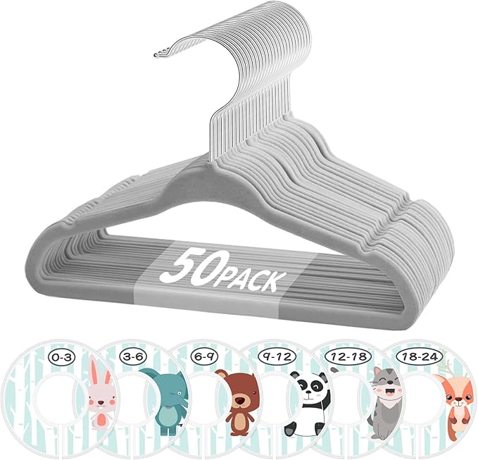 Baby Hangers, VIS'V 11 Inch Gray Velvet Kids Hangers with 6 Pcs Size Dividers Non Slip Nursery Children Closet Clothes Hangers for Infant Toddler Girls and Boys 50 Pcs