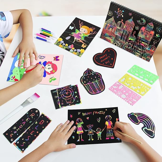 ZMLM Easter Gift Art Craft Kit: Rainbow Scratch Paper Magic Art Note DIY Party Craft Project Supply Toddler Drawing Valentine's Day Activity Kid Travel Toy 3-12 Year Old Birthday Holiday