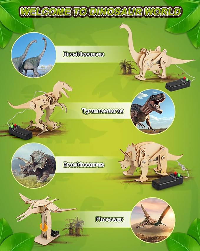 Poraxy Dinosaur Toys, 4 in 1 STEM Kits for Kids Age 8-10, Toys for Ages 8-13, Educational Science Building Projects, 3D Wooden Puzzles Robot Crafts, Gifts for Boys Girls 7 8 9 10 11 12 13 Year Old
