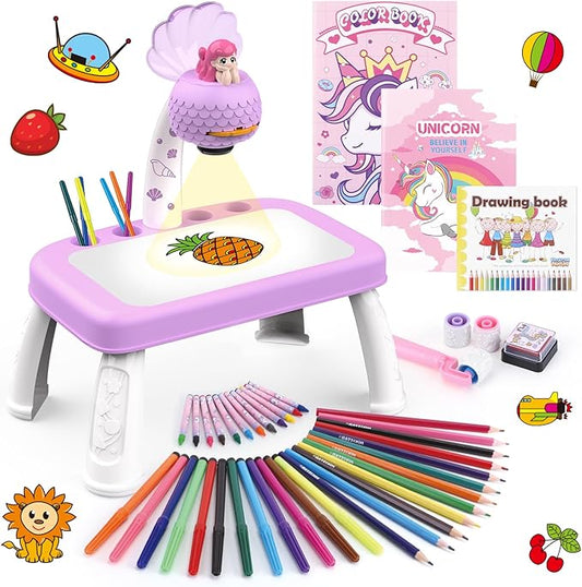 Drawing Projector for Kids,Arts and Crafts for Kids,Include Drawing Board,Crayons,Coloring Book,Stickers etc,Kids Toys for Age 3-5 Year Old Girls Christmas & Birthday Gifts (Mermaid Drawing Kit)