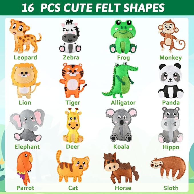 ZOIIWA 16 Sets Christmas Craft Jungle Animals Themed Sewing Kit for Kids Fun Craft for Boys Girls Felt Plush Craft Kit Sewing Kit Learn to Sew Kit Educational Beginners Sewing Stuffed Ornaments