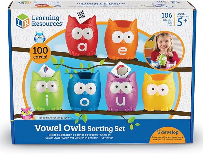 Learning Resources Vowel Owls Sorting Set, Word Recognition, Assorted Colors, Set of 6, Ages 5+
