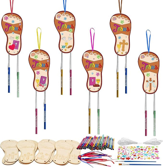 Fennoral 12 Pack Jesus Wind Chime Kit for Kids Make You Own Sunday School Craft for Girls Boys DIY Coloring Wooden Christmas Religious Crafts for Sunday School Art Party Decoration Birthday Gift