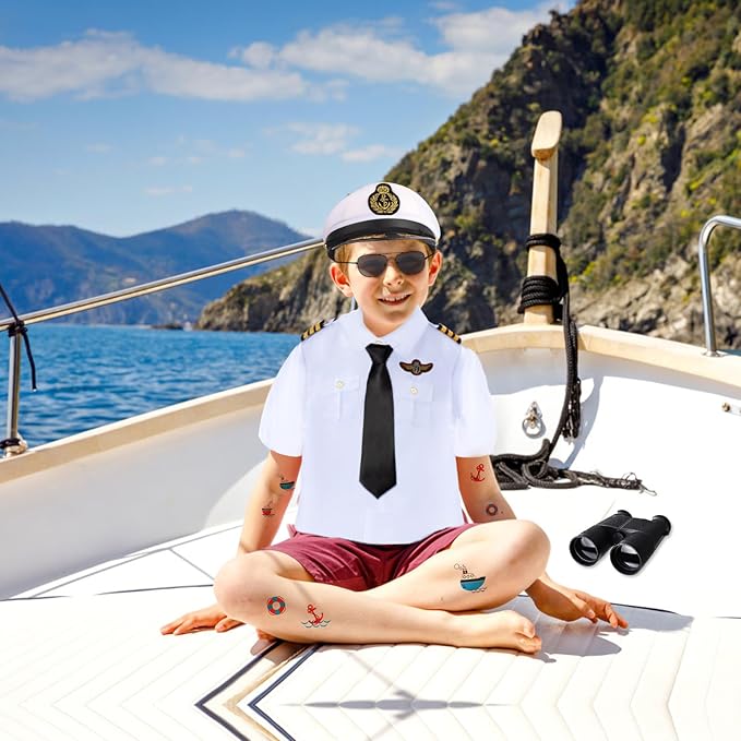 Yewong Kids Yacht Captain Sailor Costume Navy Admiral Uniform Hat Accessories Set for Halloween Birthday Boat Party