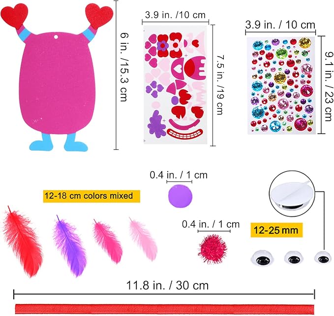 Winlyn 24 Sets Valentine Decorations DIY Valentine Monster Ornaments Craft Kits Hearts Monster Art Sets Foam Valentine Stickers for Kids Valentine's Day Party Classroom Activities Gift Exchange