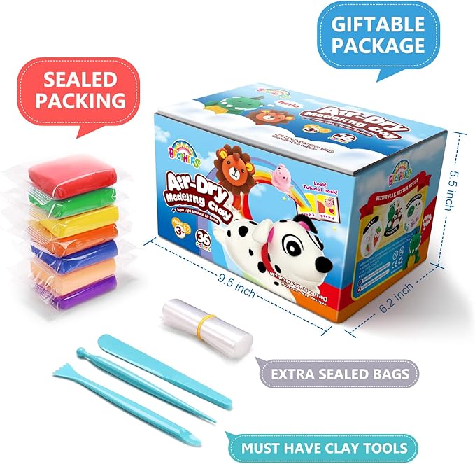 Sago Brothers 36 Colors Air Dry Clay, Soft Modeling Clay for Kids with Tools & Tutorial, Molding Clay Christmas Gifts for Kids Age 3-12, Kids Toys Crafts for Girls and Boys