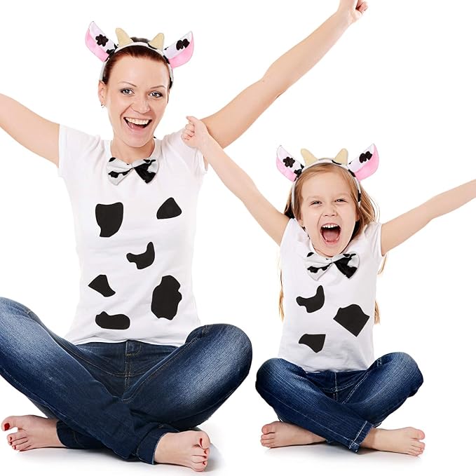 WILLBOND 5 Sheets Cow Felt Pads Adhesive Felt Circles with 1 Set Halloween Cow Ear Headband, Bow Tie and Cow Tail for Halloween DIY Costume, Over 6 Years