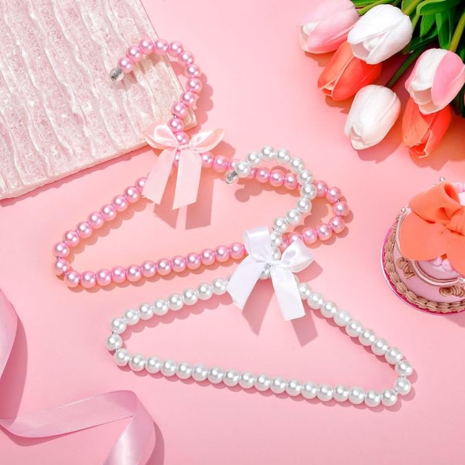 Wesiti 25 Pcs Small Pearl Hanger Mini Pearl Metal Elegant Clothes Hangers with Ribbon for Women Dog Cat (Pink,White)
