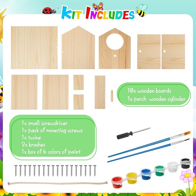 Liliful 6 Pack Wooden Birdhouse Kit DIY Bird House with Paint and Paintbrushes Art and Crafts Painting Kits for Boys Girls Adults Build Paint Classroom Birthday Indoor Outdoor Craft