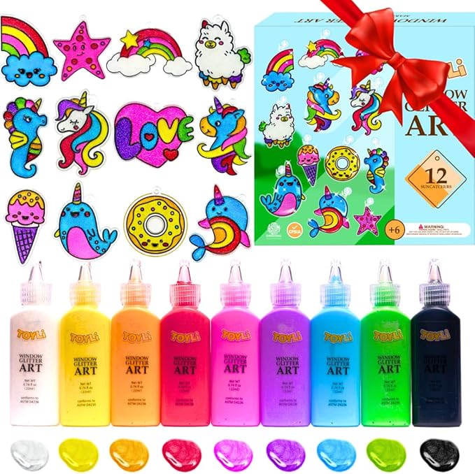 TOYLI Window Glitter Painting Kids Arts and Crafts Creative Set, 26 Suncatchers Kit,Gifts for Boys,Girls Ages 5,6,7,8,9,10 DIY, Great Home Birthday Party Idea, Your Own Fun Painting Activity NON Toxic
