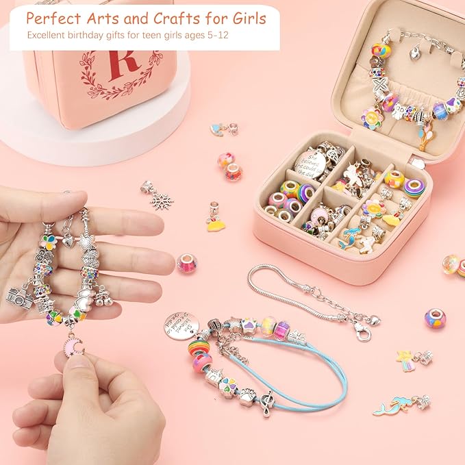 Charm Bracelet Making Kit for Girls 3-12, Kids Jewelry Making Kit 66Pcs Jewelry Kits for Girls Ages 8-12 Jewelry Maker Craft Necklace Birthday Christmas Gifts with Initial Jewelry Organizer Box - S