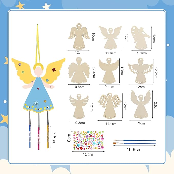 Fennoral 9 Pack Angel Wind Chime Kits for Kids Make You Own Angel Wind Chimes DIY Wooden Crafts to Paint for Art Activities Christmas Tree Hanging Ornaments Christmas Decoration