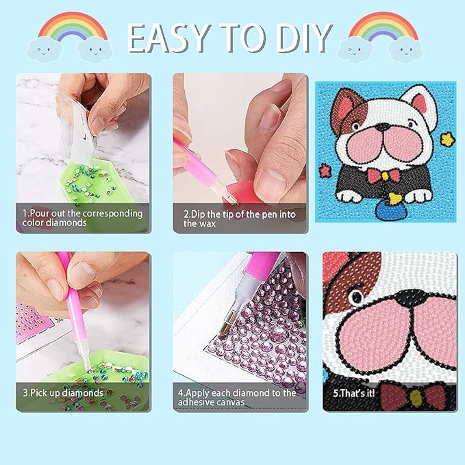 FQOVKYN 4 Pcs Cute Animals Diamond Art Kits for Kids Age 6-12, DIY Cartoon Dinosaur Diamond Art Painting for Adults Beginner, 5D Kids' Mosaic Kits Full Round Drill Gem Art for Kids 6X6 inch