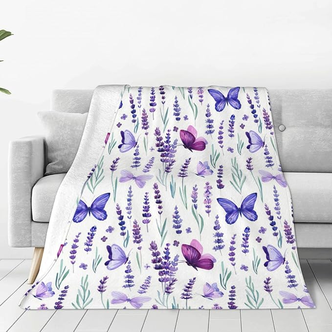 Purple Lavender Floral Flowers Butterfly Throw Blanket Gifts for Girls Boys Men Women Ultra Soft Warm All Season Decorative Fleece Blankets for Bed Chair Car Sofa Couch Bedroom 50"X60"