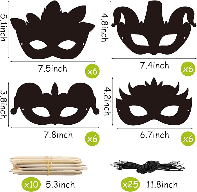 WATINC 24pcs Mardi Gras Scratch Masks for Kids, Carnival Prom Art Craft Kit, Masquerade Party DIY Magic Color Paper Mask, Costumes Dress Up Scratch Off Cards Supplies