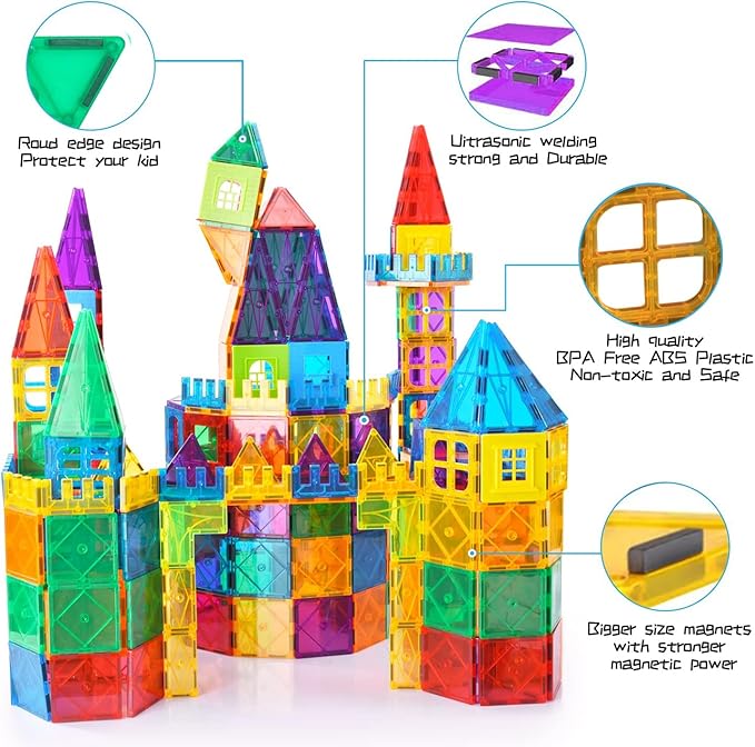 Magnetic Tiles,102PCS Magnetic Building Blocks 3D Clear Construction Playboards, Inspiration, Creativity Beyond Imagination, Educational Magnet Toy Set for Kids with 2 Cars