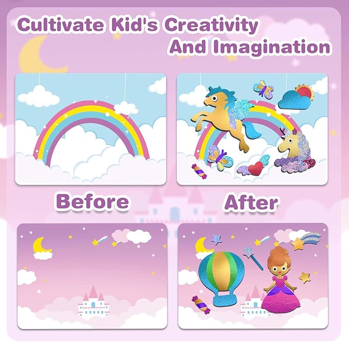 SOOVSY 200 Sheets Princesses & Unicorns Foil Art Fun Kit for Kids, Foil Art for Kids Art Craft DIY Creative Activity Birthday Christmas Gift Travel Toys for 4 5 6 7 8 9 Years Old Kids Girls Boys