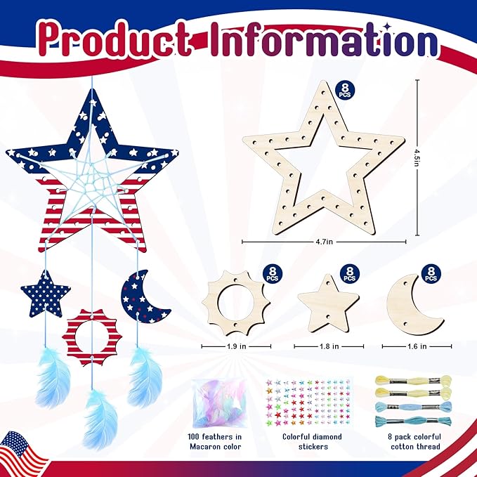 8Pack Star Dream Catcher Kit fot Kids,Unfinished Wood Star Shape Coloring 4th of July Craft DIY Crafts Wooden Patriotic Star Ornaments for Home Classroom Decorations Independence Day Party Favors
