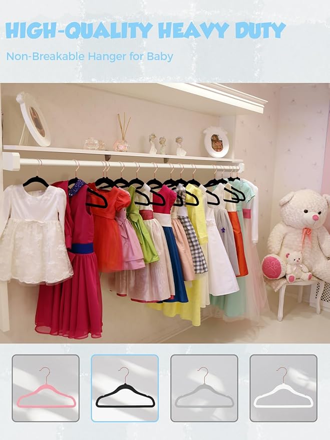 Smartor Kids Velvet Hangers 50 Pack, 14'' Inch Premium Non Slip Kids Felt Hangers for Closet, Space Saving Toddler Clothes Hanger for Youth's Childrens' Clothes (Rose Gold Hook)- White