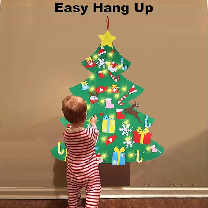 GameXcel 4ft Felt Christmas Tree for Toddlers with LED Light & 36pcs Ornaments, Velcro Montessori DIY Xmas Decorations - 4 Feet