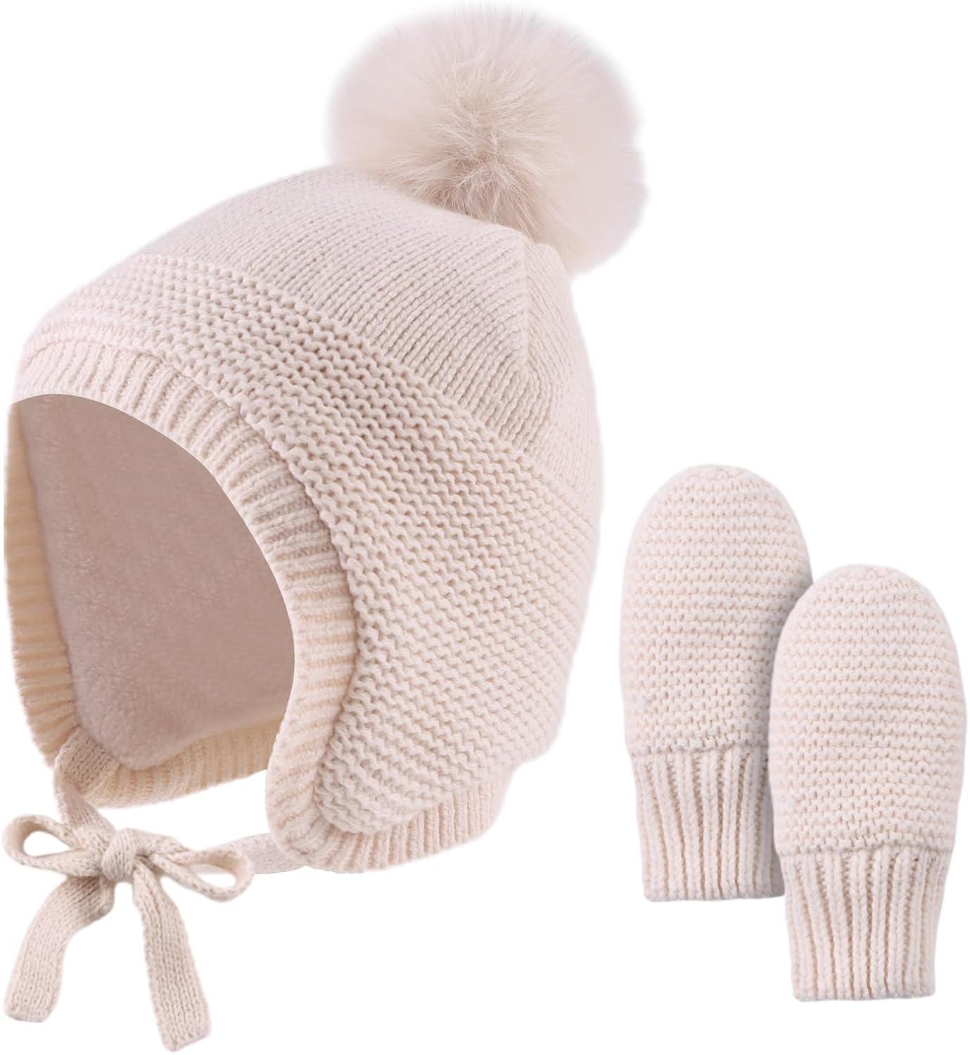 Basic Winter Baby Beanie Gloves Boys Girls Knitted Hat Pompom Kids Earflap Hats Warm Infant Toddler Beanie Mittens Set