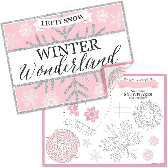 Big Dot of Happiness Pink Winter Wonderland - Paper Holiday Snowflake Birthday Party and Baby Shower Coloring Sheets - Activity Placemats - Set of 16