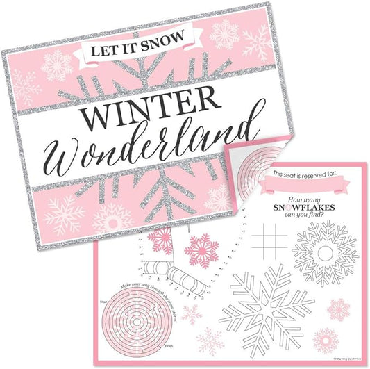Big Dot of Happiness Pink Winter Wonderland - Paper Holiday Snowflake Birthday Party and Baby Shower Coloring Sheets - Activity Placemats - Set of 16