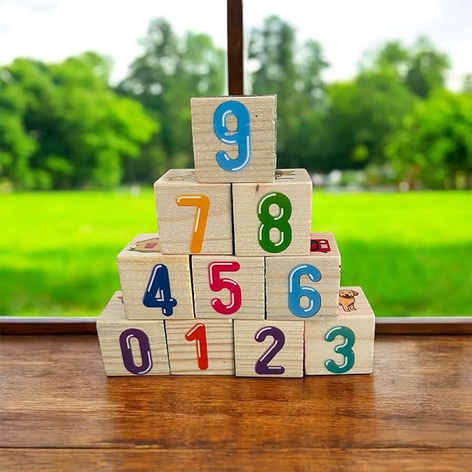 Ricky & Nicky Early Learning ABC/123/Shapes/Patterns 1-Inch Blocks Set With Storage Wooden Box (26 pcs) - Letters And Numbers/ABC Classic Wooden Blocks For Toddlers And Kids Ages 3+