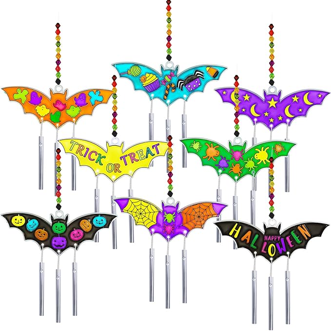 Winlyn 24 Sets Halloween Bat Suncatcher Wind Chimes Ornaments Decorations DIY Window Paint Art Halloween Craft Kits Bat Sun Catchers for Kids Home Classroom Activities Halloween Party Art Projects