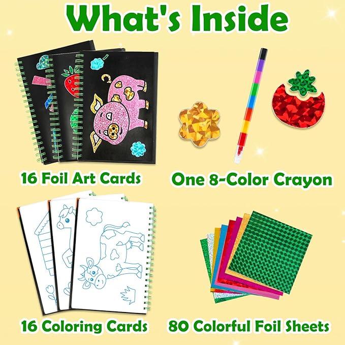 Foil Art Craft Activity for Kids: Fun DIY Toy Sticker Kit, No Mess Creative Travel Supply Set, Idea Birthday Easter Basket Stuffers Valentines Gift for Girl Boy Toddler 4 5 6 7 8 9 Year Old (Farm)