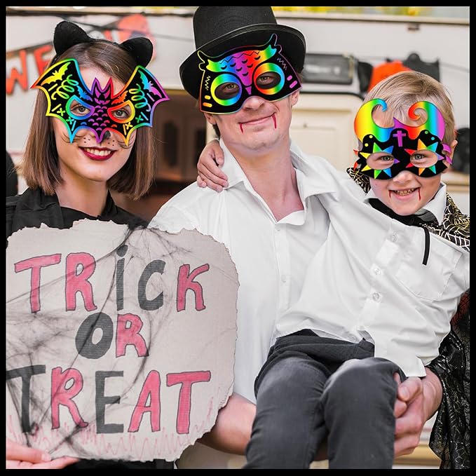 PARTYWIND 32 PCS Halloween Scratch Masks, Magic Halloween Scratch Art Crafts for Kids Party Decorations, DIY Scratch Off Masks for Kids Halloween Activities Party Supplies with Pumpkin Zombie Bat