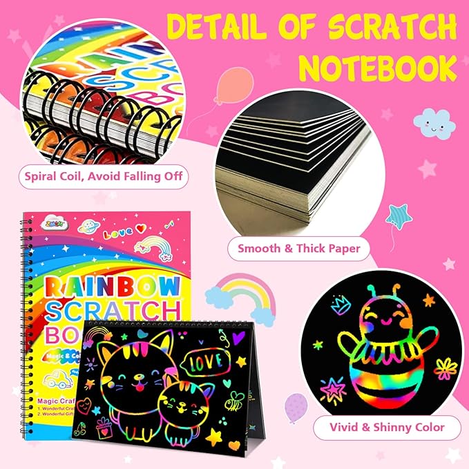 ZMLM Rainbow Scratch Paper for Kids: Art Craft Magic Paper Gift Set Coloring Drawing Supplies Kit for Teen Age 3-6 Girls Boys Game for Birthday Party Favor| Activity Fun| Learning