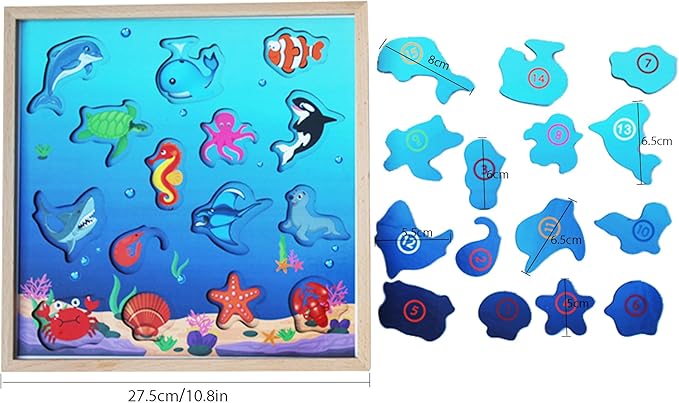 TOWO Wooden Fishing Game-Magnetic Fishing Puzzles with Numbers Jigsaw Puzzle- Sea Creatures Kids Fishing Game Educational Toys for 3 Years Old Math Toy Montessori Materials