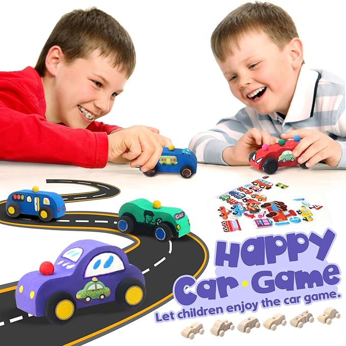 Wooden Cars,Come with 18 Pcs Unfinished Wooden Cars to Paint for Kids and 1set Paint Colors, 2 pcs Wooden Car Sticker