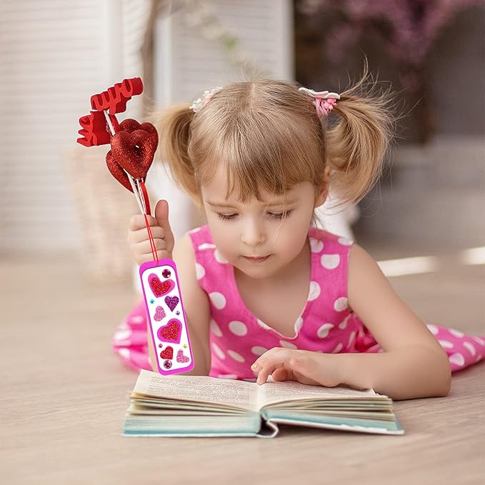 Winlyn 24 Sets Valentine's Day Decorations DIY Heart Bookmarks Valentine Craft Kits Blank Foam Bookmarks with Assorted Hearts Stickers for Kids Classroom Activities Reading Party Favors Gift Exchange