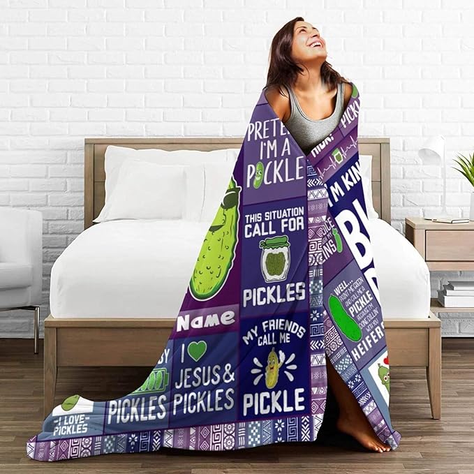 Custom Pickle Blanket with Name for Boys Girls, Personalized Cute Pickle Themed Design Printed Throw Blankets for Kids Lap, Chair, Giftable Blanket, 30"x 40"