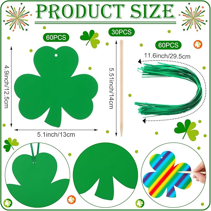 Liliful 60 Set St. Patrick's Day Crafts for Kids Shamrocks Colorful Scratch with 30 Wooden Scratch Tools Green Shamrocks Hanging Craft Art Kit for Kids Gifts St. Patrick's Day Party School Favors
