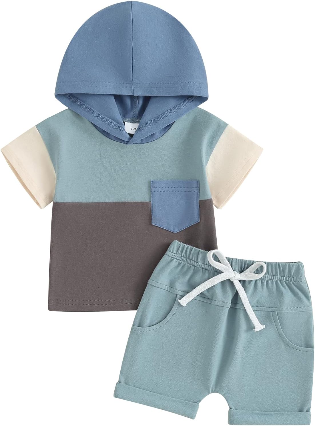 Toddler Baby Boy Summer Hooded Outfit Contrast Color Short Sleeve T Shirt Top Elastic Shorts Summer Clothes Set