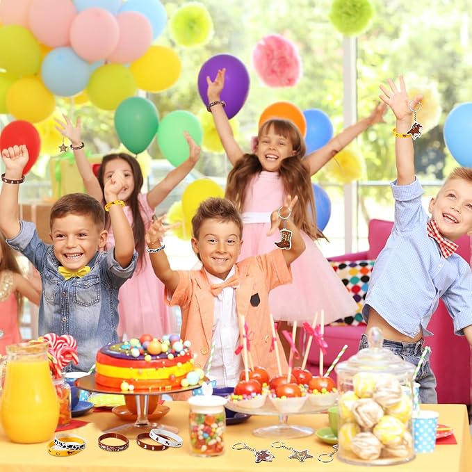 Nosiny 90 Pieces Cowboy Cowgirl Party Favor Supplies, Includes Silicone Bracelets Stretch Wristbands Acrylic Keychains and Cowboy Stickers for Western Themed Birthday Baby Shower Party Favors