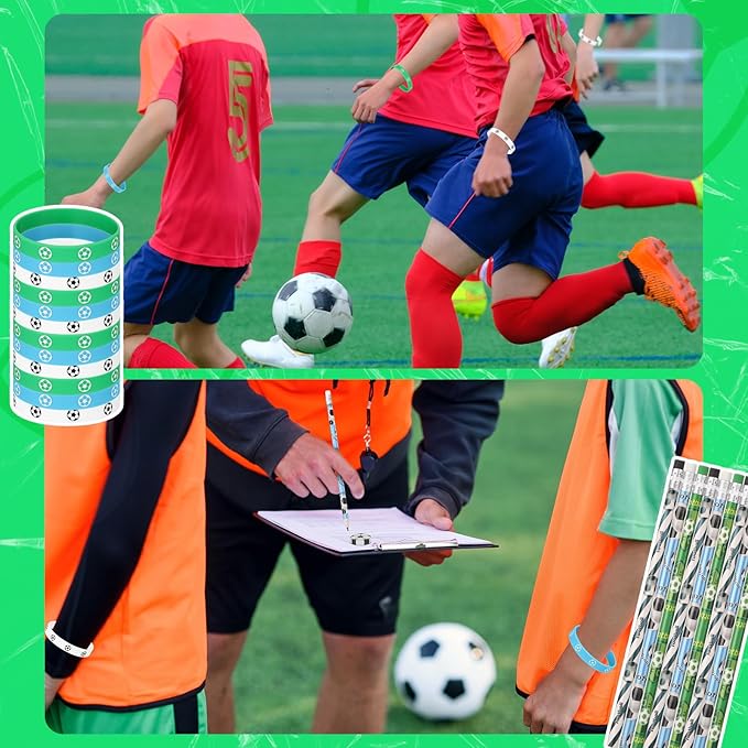 Gueevin 108 Pcs Soccer Party Favors Set 36 Soccer Pencils 36 Soccer Erasers 36 Silicone Bracelets Sport Pencil Wristbands Fun Erasers Bulk for Kids Student Teacher Office Birthday (Green, White, Blue)
