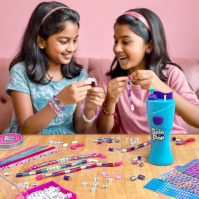 Imagimake Spin n Pop DIY Bracelet Making Kit | Patented Electric Bracelet Maker | Ages 8-13 | Create 10 Unique Bracelets with Shiny Foil Beads, Alphabet Beads & Clasps for Teen Girls