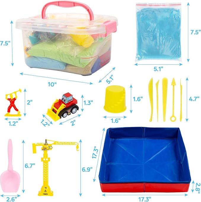 ThinkMax Sand Kit for Kids, 3lbs Sand, 6 Mini Construction Trucks, Construction Toys and Signs, Castle Sand Molds Tools, Foldable Box and Storage Bin Tote, 43PCS Sand Set for Boys Grils