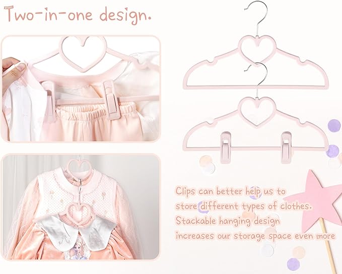Kids Pink Velvet Clips Hangers - 13inch 50 Pack Baby Hanger with 20pcs Movable Clips, Stackable Non-Slip Heart Flocked Hangers Fit for Children and Toddler, Heavy-Duty and Space-Saving(Silver)