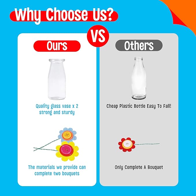 SpriteGru Flower Craft Kit for Kids, Make Your Own Flower Bouquet with Buttons and Colorful Petals, Art Vase and Craft DIY Activity Gift for Boys & Girls Age 4 5 6 7 8 9 10 Year Old (2 Glass Vase)