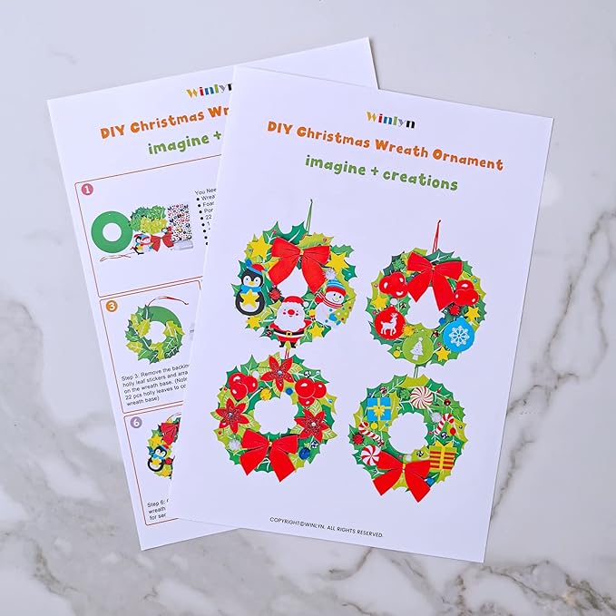 Winlyn 12 Sets Christmas Craft Kits DIY Christmas Wreath Ornaments Decorations Art Sets Snowman Santa Penguin Holly Leaf Christmas Foam Stickers Arts and Crafts for Kids Holiday Classroom Activities